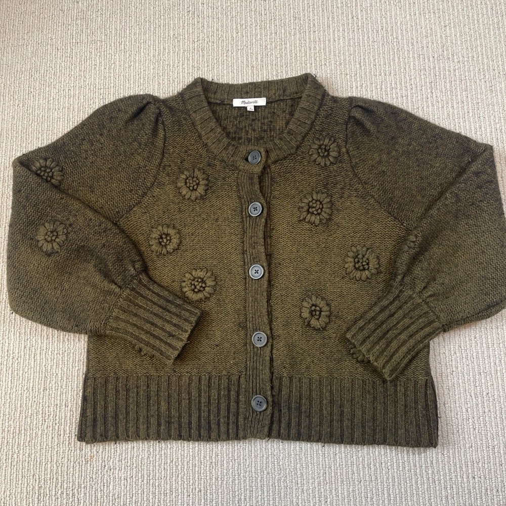 Madewell Embroidered Edencroft Cardigan Sweater Merino Alpaca Blend Olive Medium
